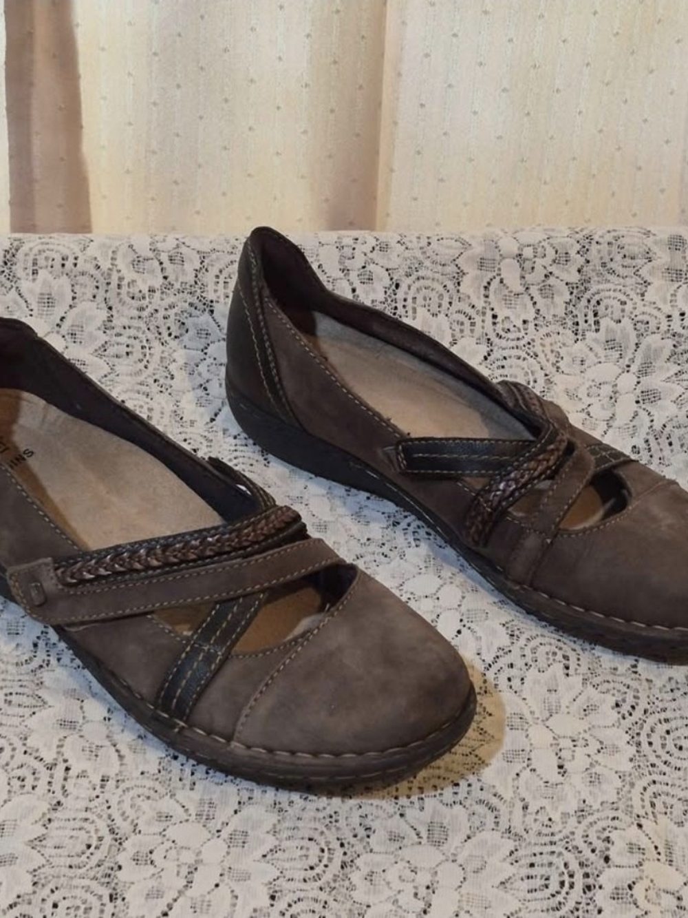 Earth Origins Women's Taupe Braided Strap Slip-On Flats